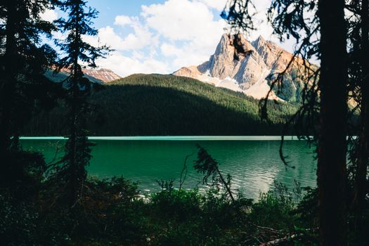 Stunning view of a serene lake with surrounding forest and towering mountains under a clear sky.