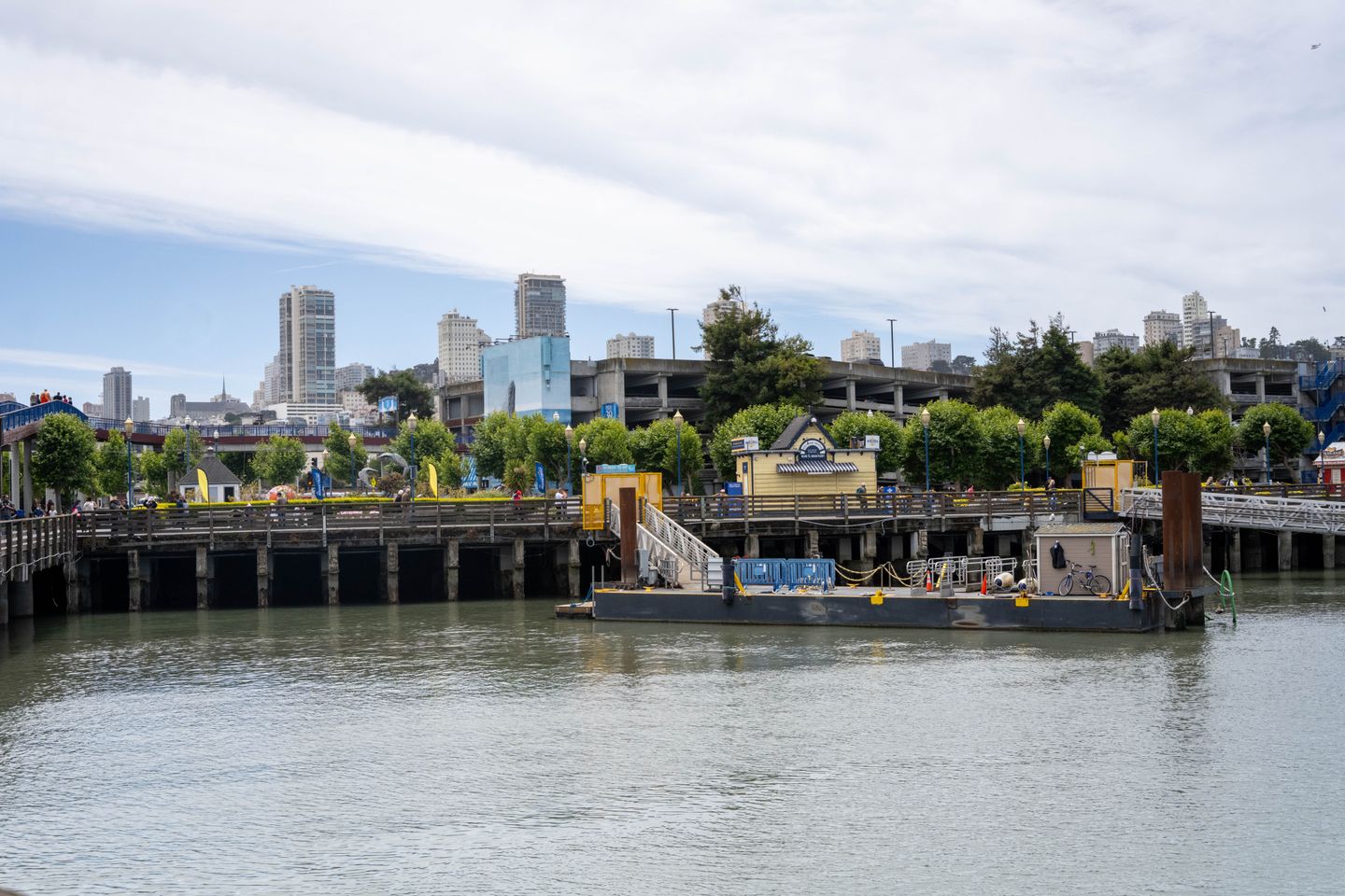 San Francisco waterfront at the Embarcadero with piers, boats, downtown skyline, and bay waters in daylight