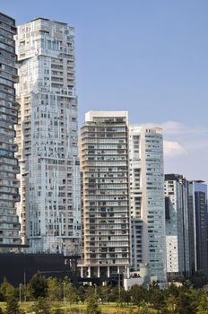 High-rise buildings with modern architecture in Mexico City, showcasing urban development.