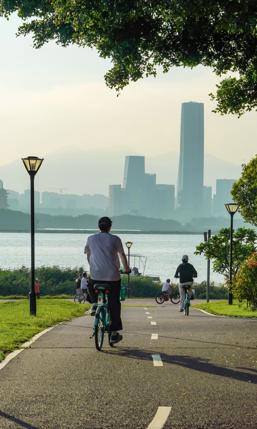 Free People enjoying a leisurely bike ride in a park with city skyline view at day. Stock Photo