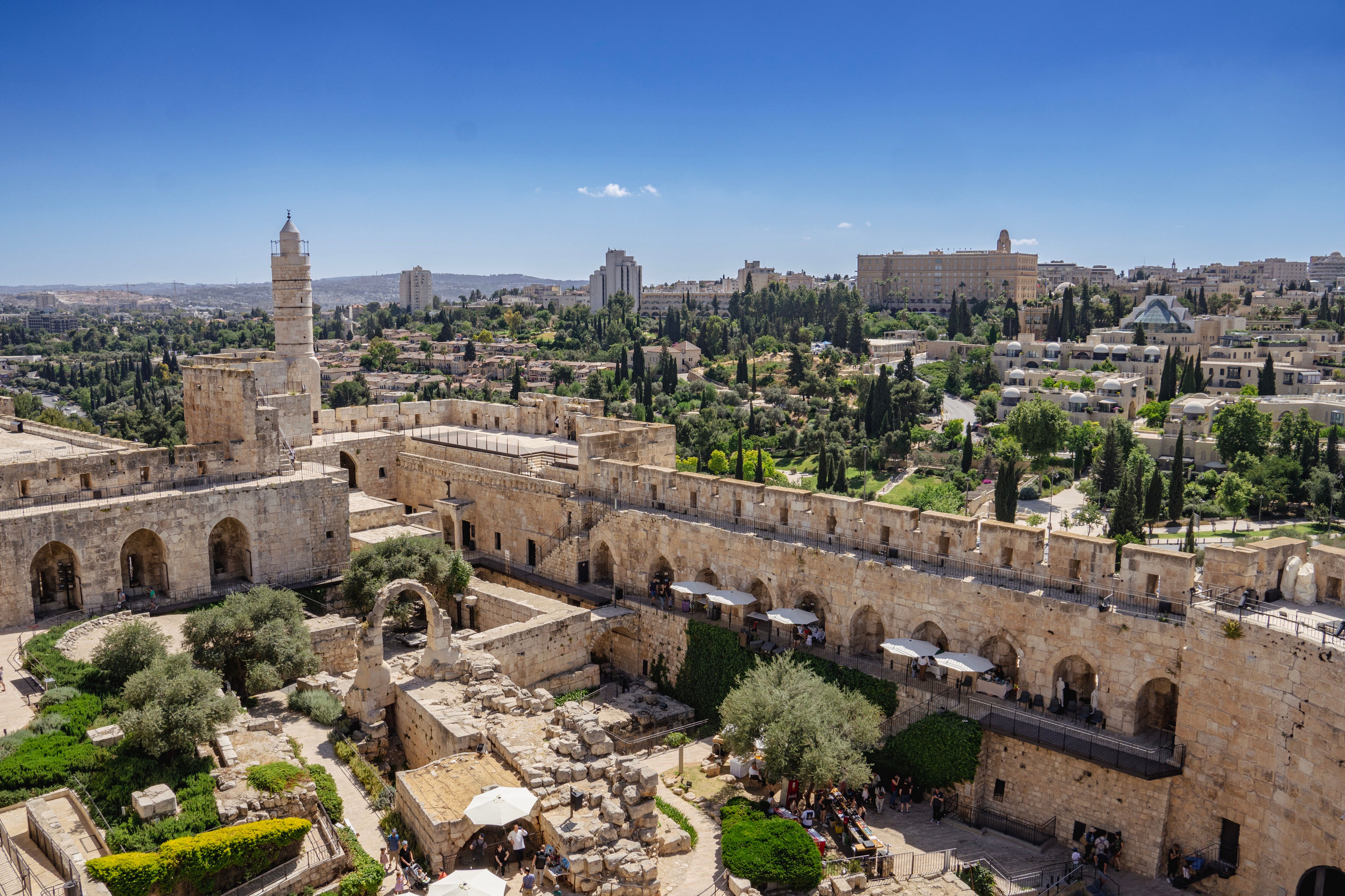 Stunning aerial view of Jerusalem's ancient architecture under a clear blue sky.