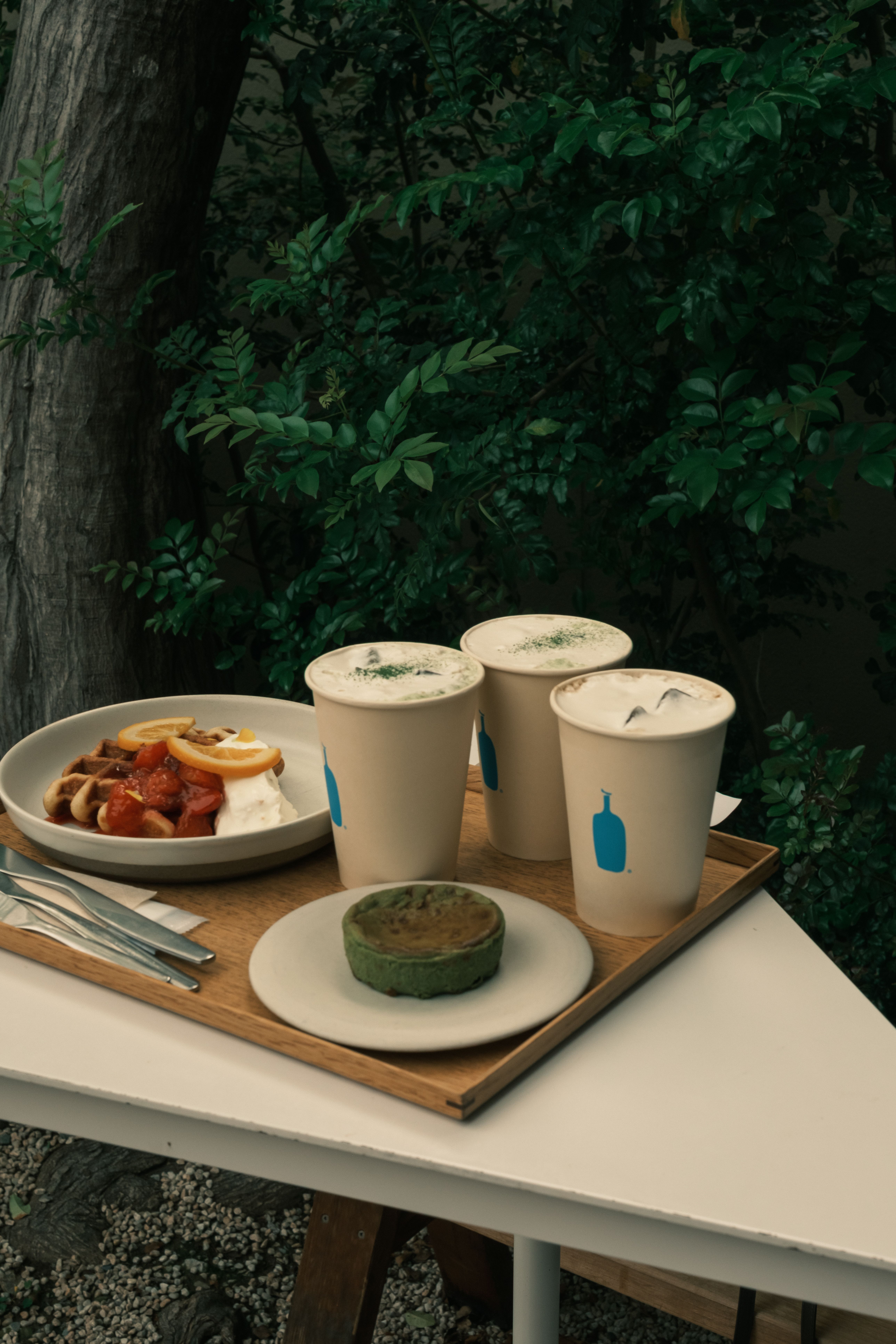 Relaxing outdoor café scene with coffee and desserts on a tray, surrounded by greenery.