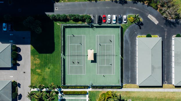 无人机镜头拍下了网球场、停放的汽车和住宅区