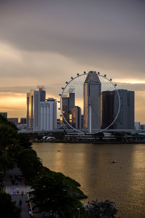 Free Dramatic view of Singapore skyline and Ferris wheel during sunset, reflecting over water. Stock Photo