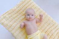 一个长着引人注目蓝眼睛的可爱婴儿，正躺在黄色针织毯上，显得天真而温暖