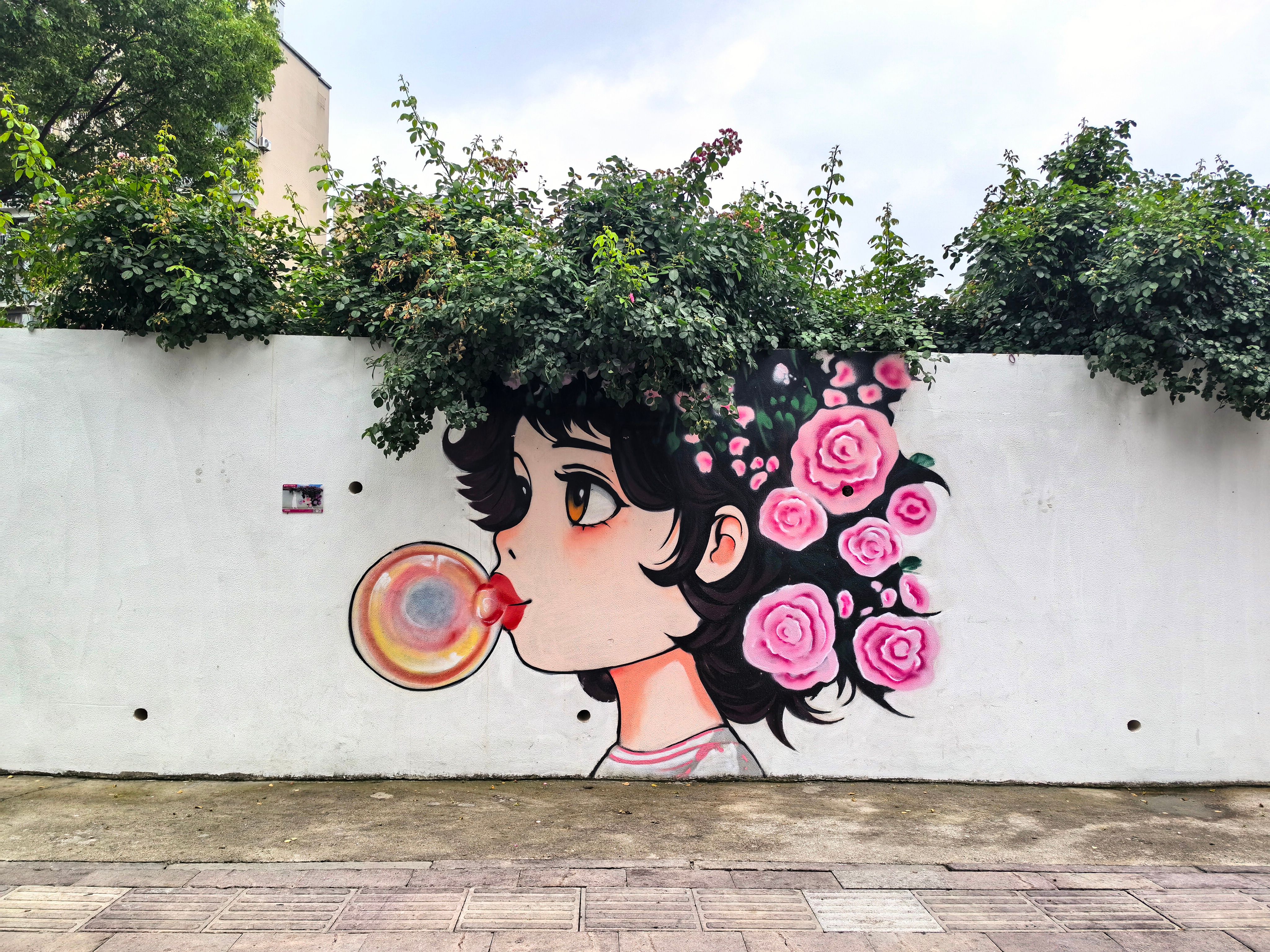 Colorful street art mural of a girl blowing a bubble, adorned with roses.