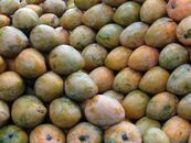 Vibrant Raspuri mangoes stacked on a street vendor's stall in Bengaluru, India, ready for sale.