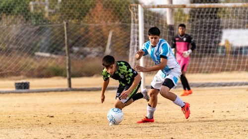 Free Dynamic action of teenagers playing soccer on a sunny day. Stock Photo