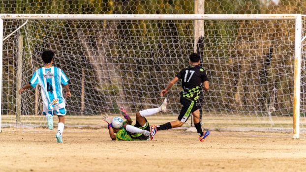 Exciting action shot from a youth soccer game capturing a dramatic goal moment.