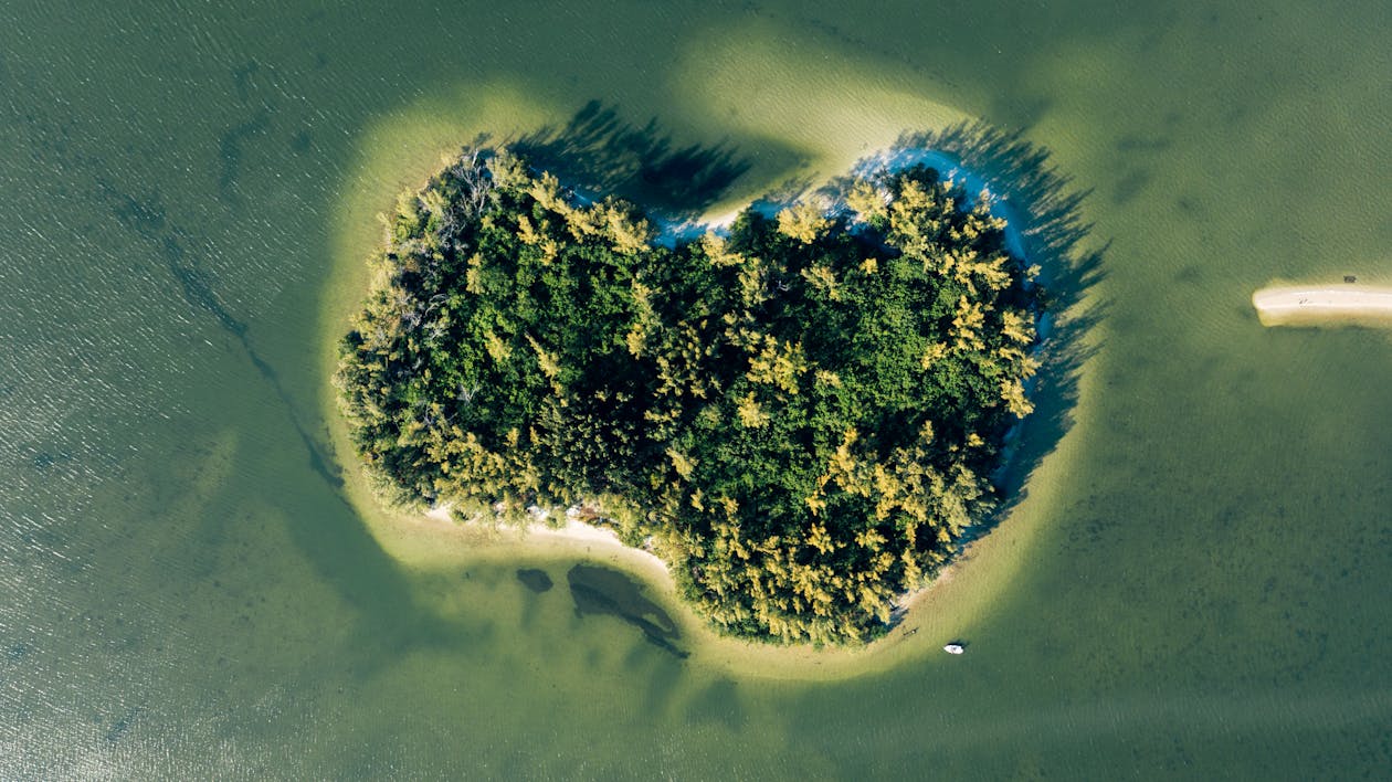 Drone view of spectacular small island with lush green growing trees surrounded by sea with rippled water in summer in afternoon