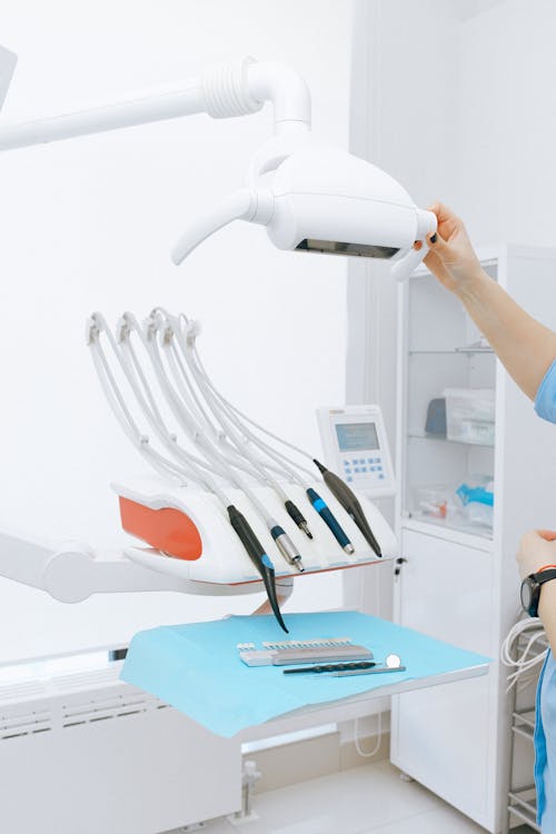 Modern dental equipment on table in light room in clinic