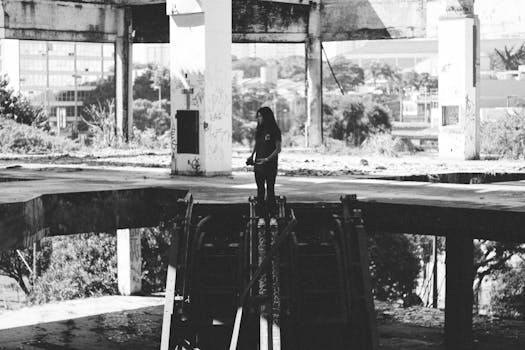 这张黑白照片里，一个孤独的人站在废弃的城市建筑中