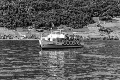 Free Monochrome view of the Stadt Biel boat cruising on Lake Biel with vineyard-covered hills in the background. Stock Photo