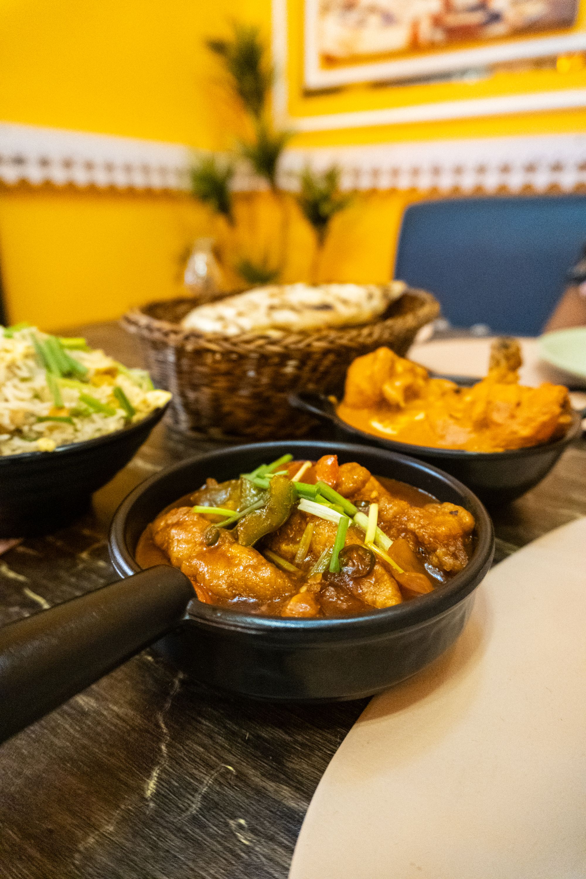British Indian curry, rice and flatbread