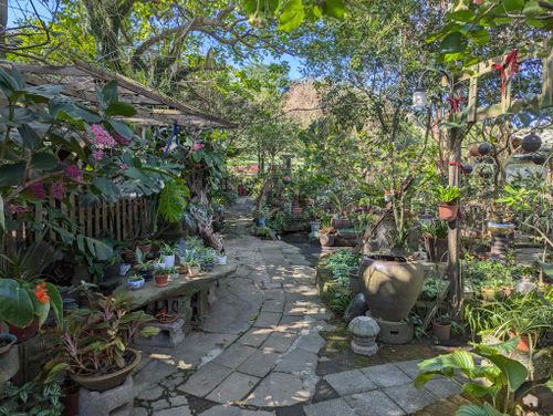 Free A picturesque garden walkway adorned with diverse plants and pottery under a sunny blue sky. Stock Photo