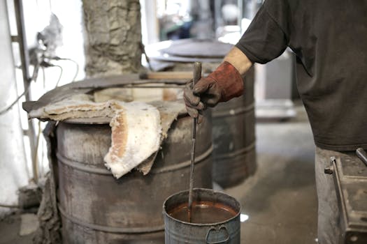 Close-up of an industrial worker stirring liquid in a manufacturing workshop.