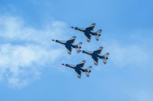 Free The US Air Force Thunderbirds perform a formation flyover against a clear sky. Stock Photo