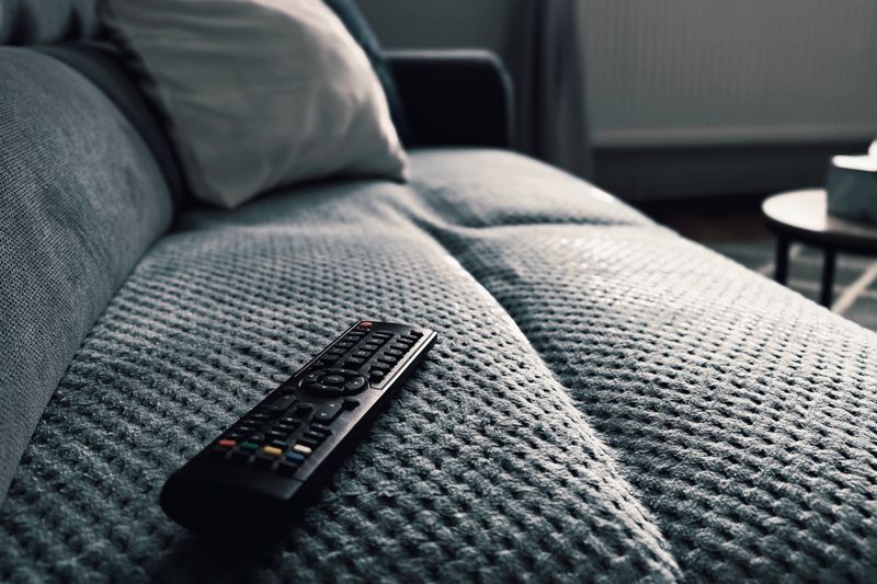 A close-up of a TV remote on a textured sofa in a cozy living room setting.