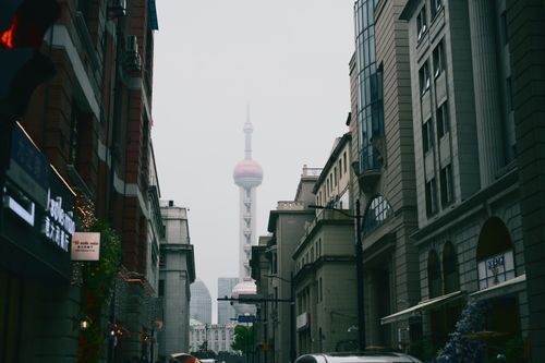 Free Urban street view of Shanghai with the iconic Oriental Pearl Tower visible in the distance. Stock Photo