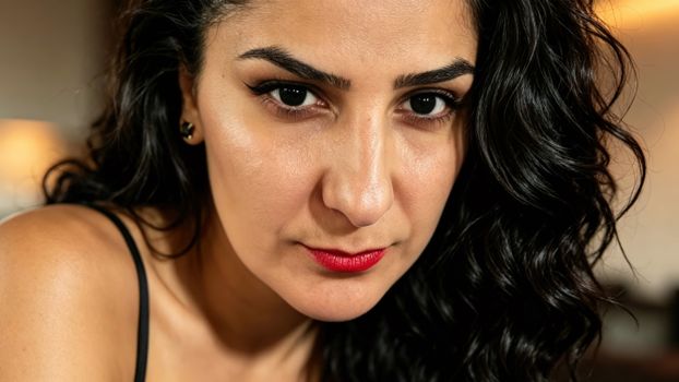 Intense close-up portrait of a woman with curly hair and bold makeup indoors.
