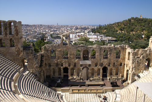 Free View of the historic Herodes Atticus Odeon in Athens, Greece. Stock Photo
