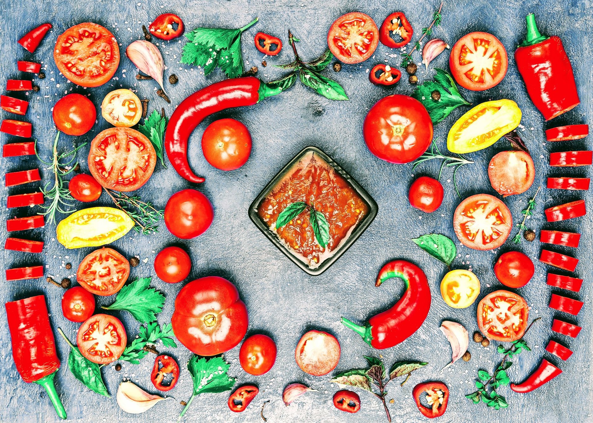Top view of composition of colorful chili pepper and assorted tomato slices near fresh cilantro and parsley leaves with rosemary and thyme sprigs with bowl of savory sauce in center