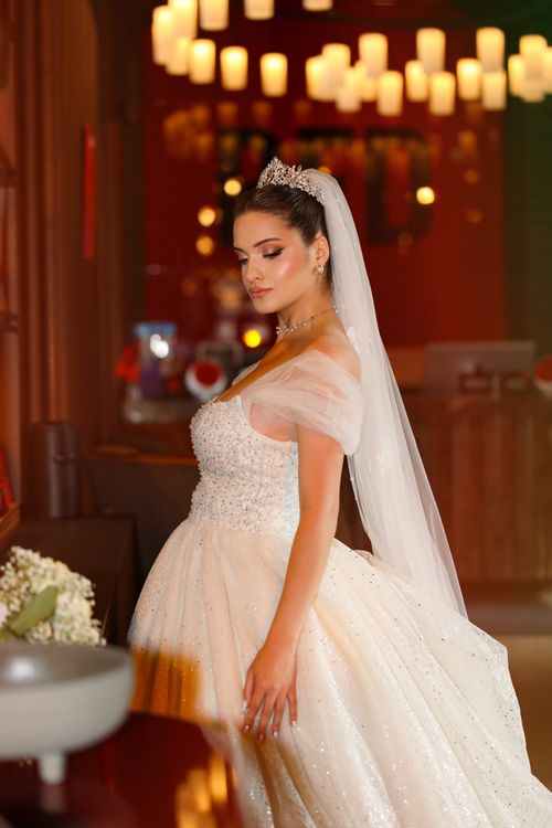 Free A stunning bride in a sparkling white gown and tiara, posing gracefully indoors. Stock Photo