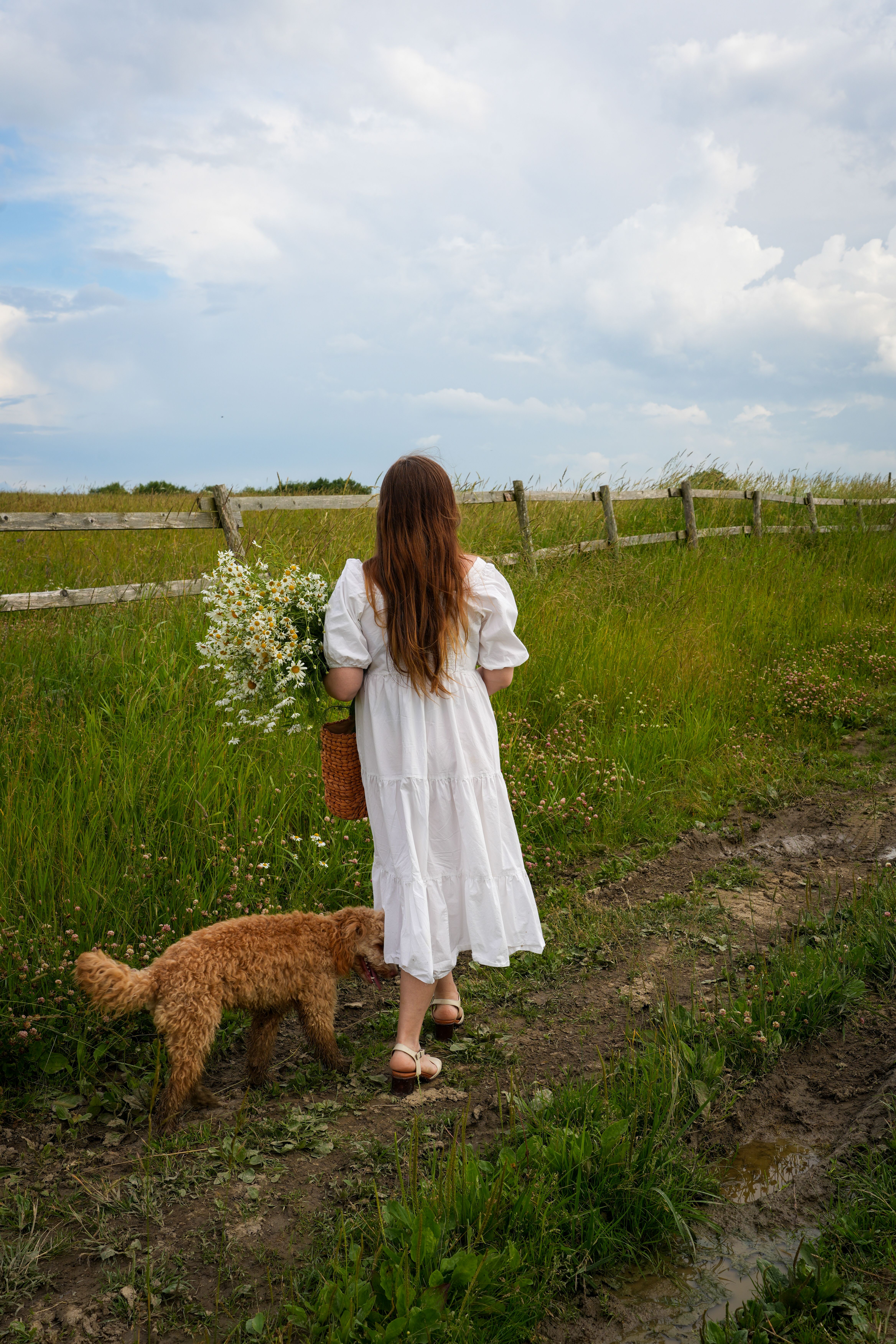 A woman in a white dress strolls with her dog through a lush green field under a cloudy sky.