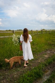 A woman in a white dress strolls with her dog through a lush green field under a cloudy sky.