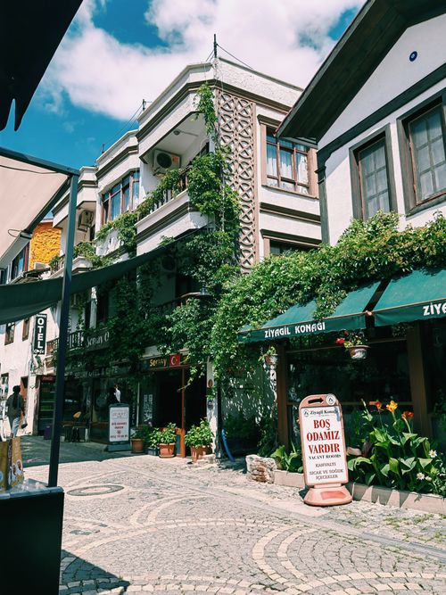 Free Picturesque street with ivy-covered vintage buildings and a vibrant atmosphere. Stock Photo