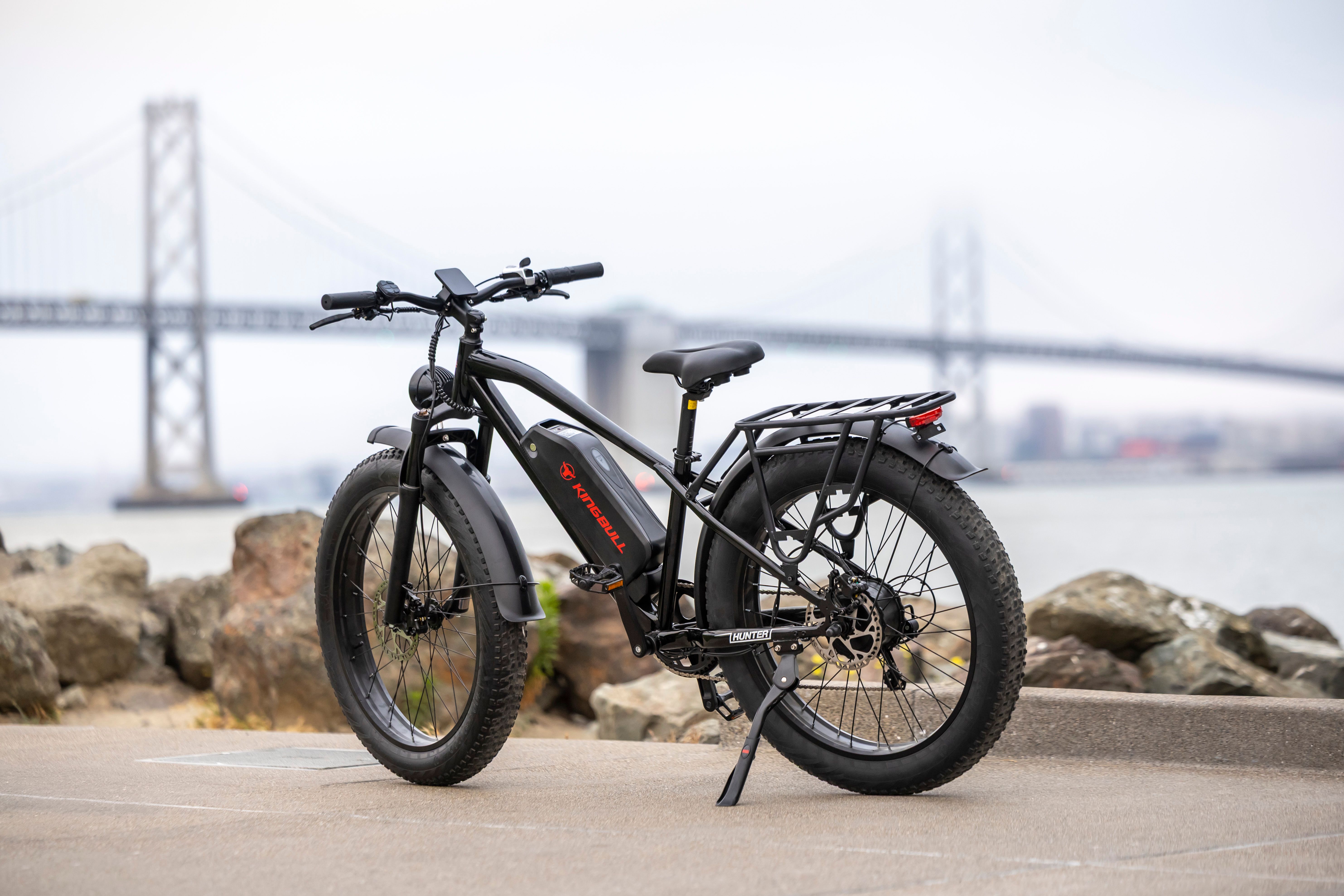 Sleek electric bike on a path with a large bridge in the background.