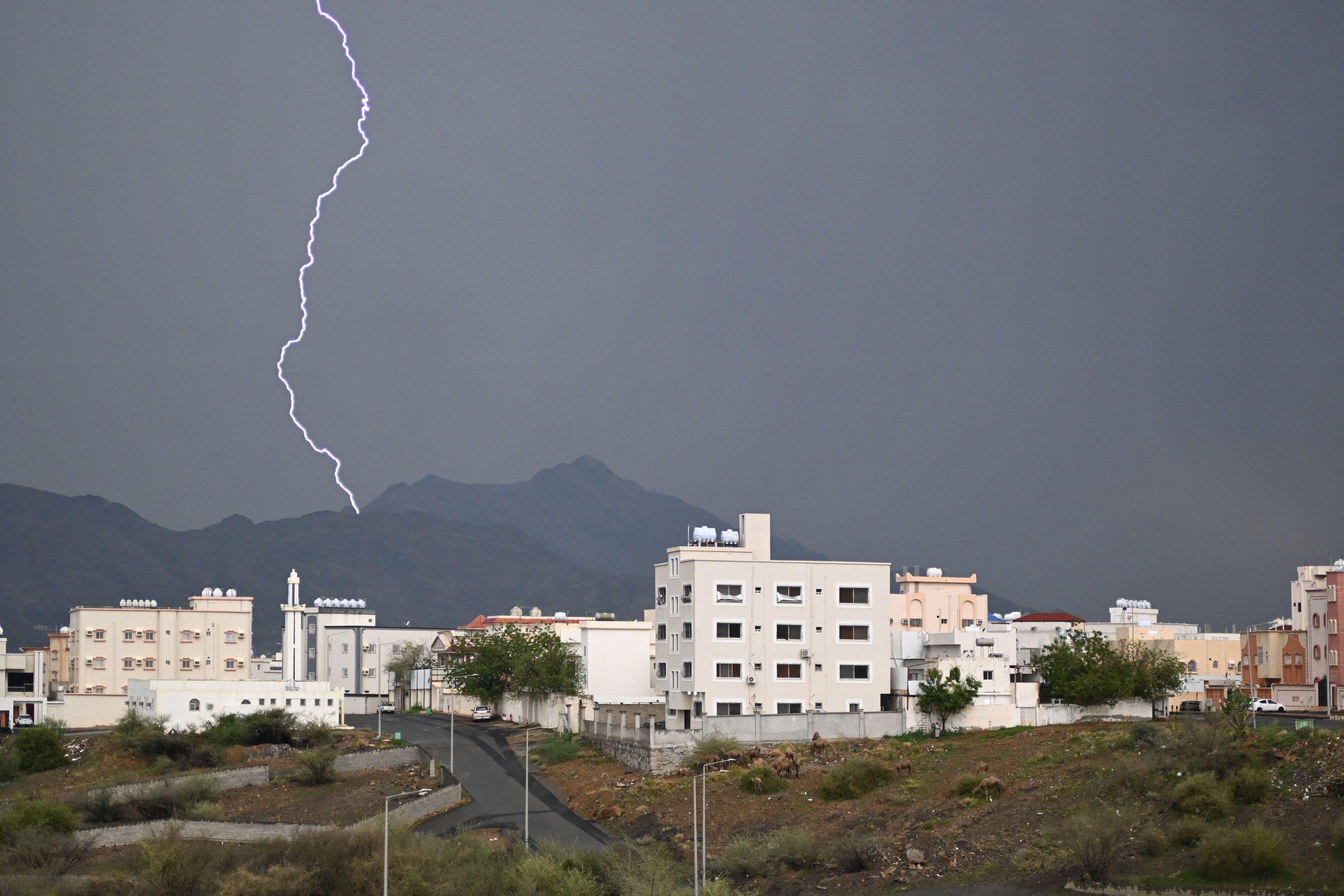 Lightning bolt over a city with mountains and storm clouds in the background.