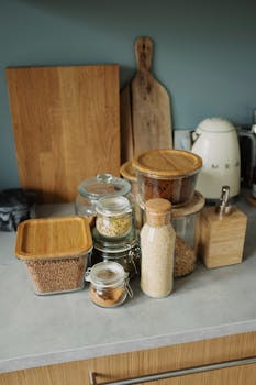 A kitchen counter featuring assorted glass jars and wooden cutting boards for stylish storage solutions.