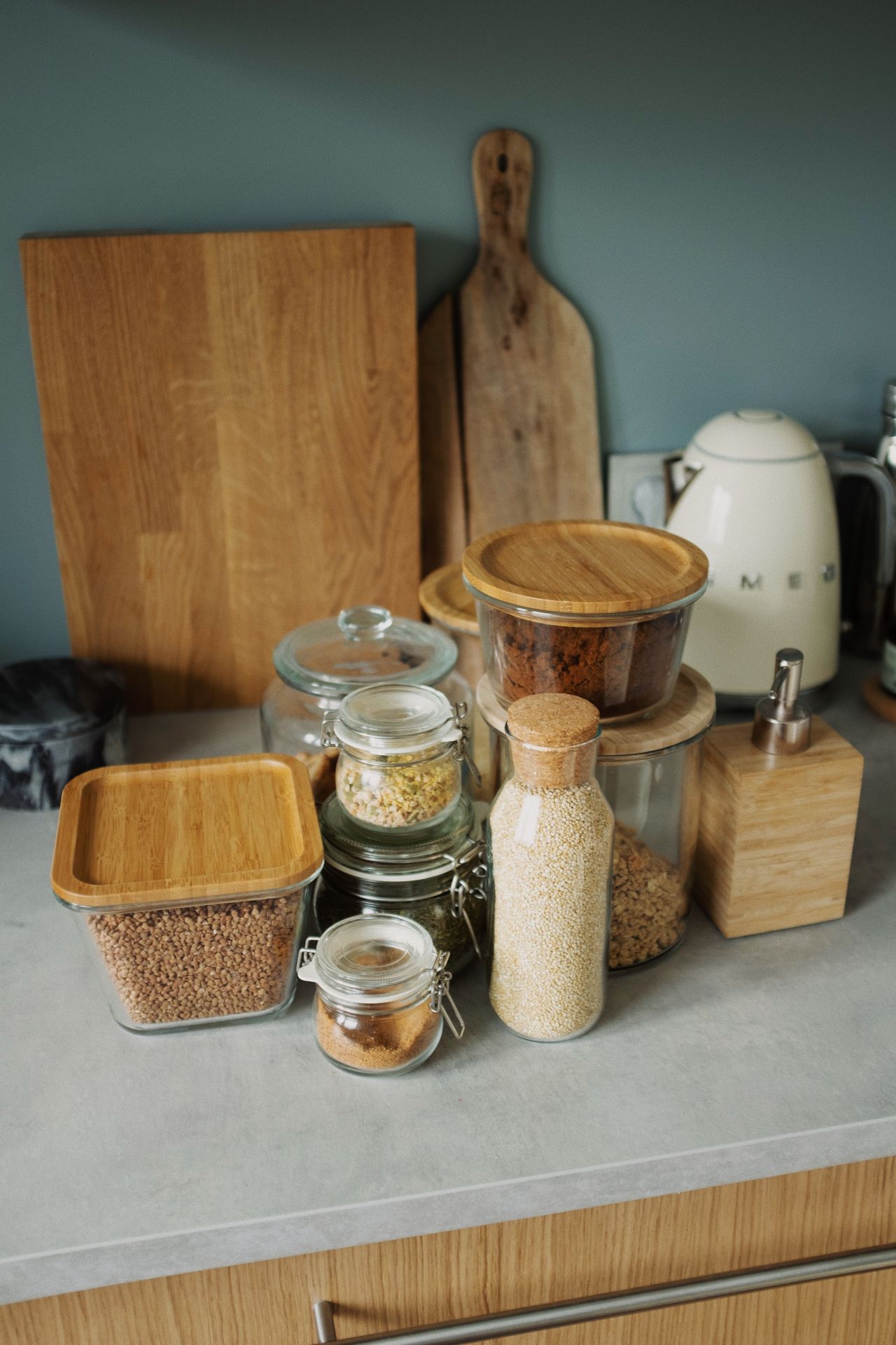 Organized kitchen with clean counters and tidy cabinets