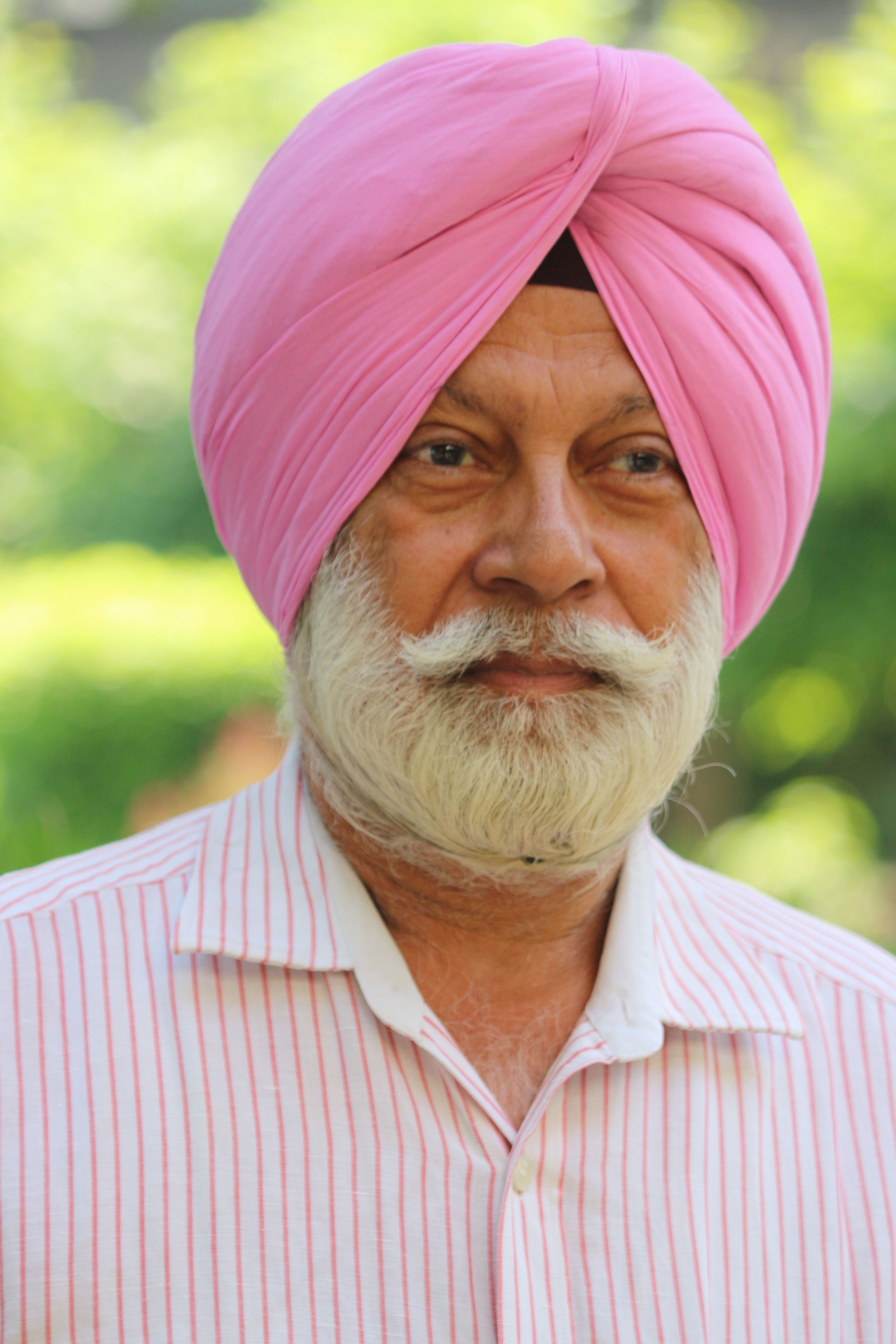 Portrait of an elderly man wearing a pink turban outdoors with greenery background.