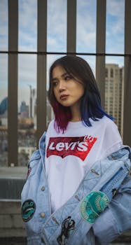 一位头发鲜艳的时尚年轻女子穿着牛仔夹克，站在城市屋顶上，身后是城市天际线