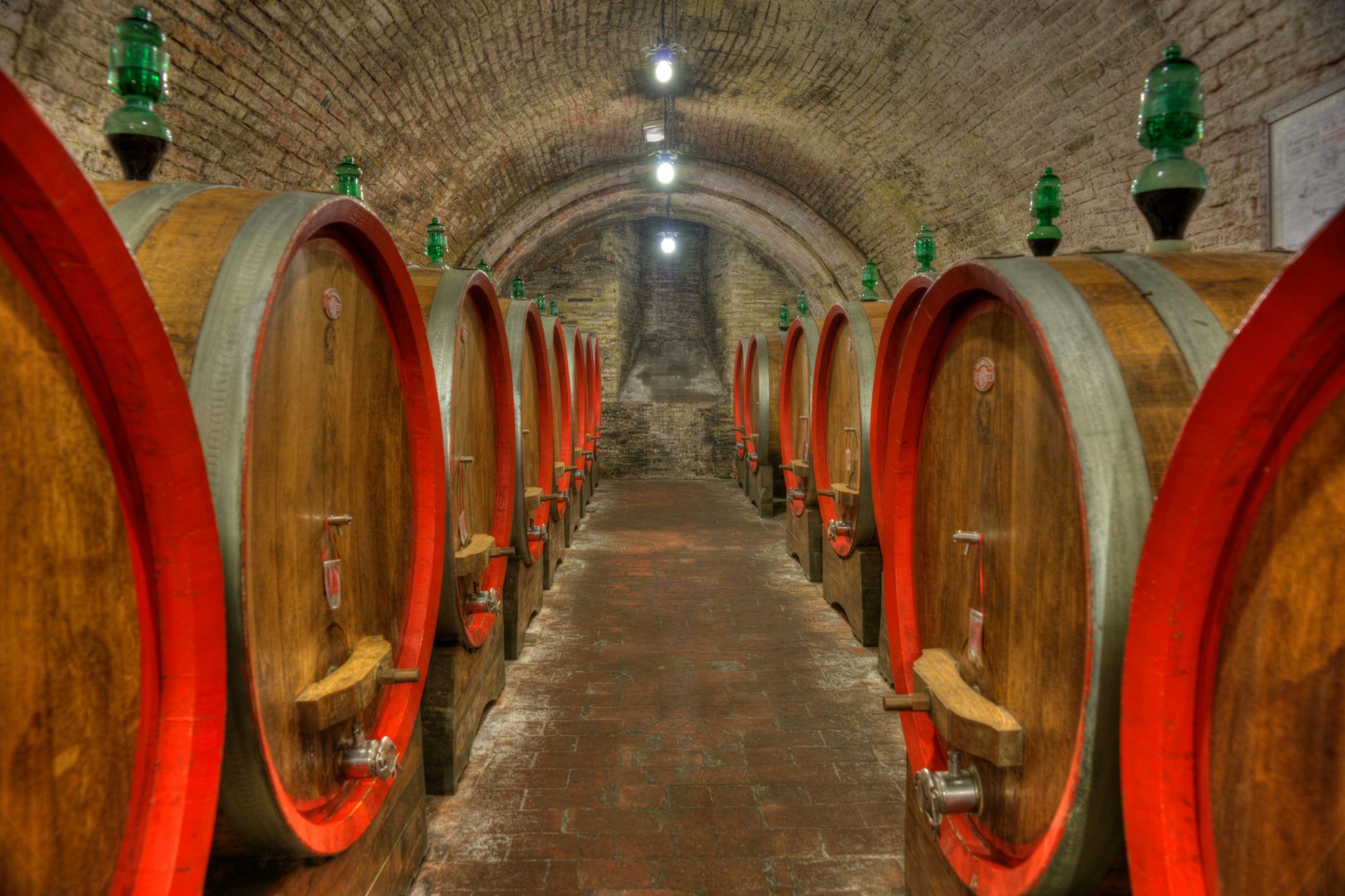 Dimly lit wine cellar with rows of large oak barrels, creating a rustic atmosphere.