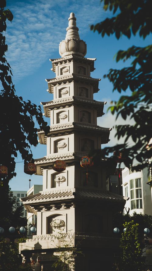 Free Elegant pagoda in Hồ Chí Minh City, Vietnam, captured with decorative lanterns and blue sky. Stock Photo