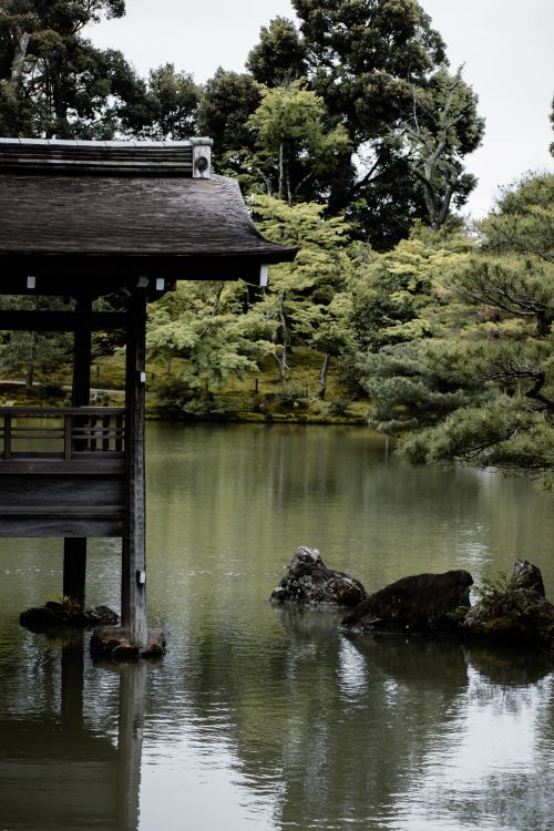 Free Peaceful scene of a Japanese pavilion by a tranquil pond in Kyoto, Japan. Stock Photo