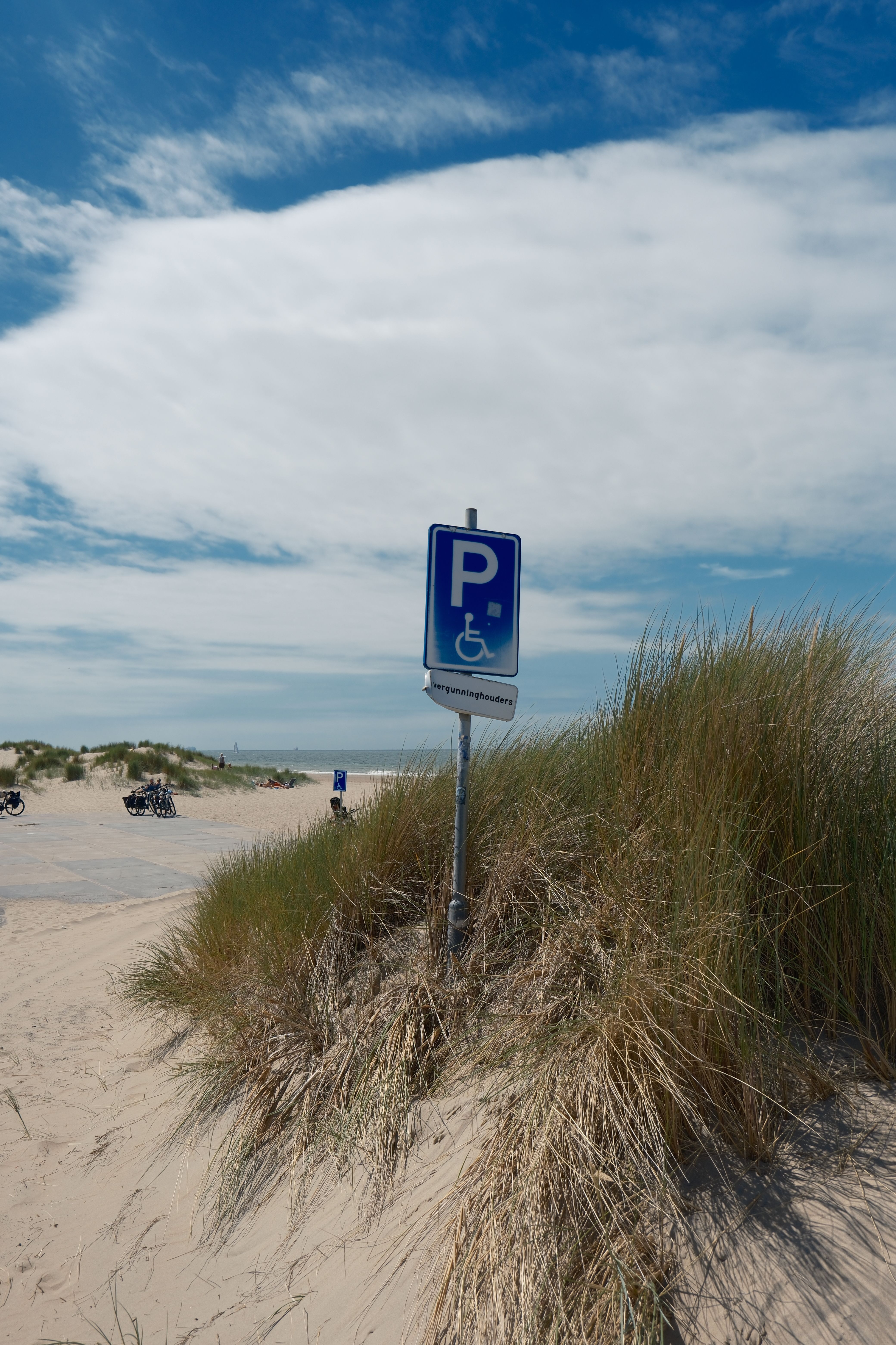 A blue handicap parking sign on a sandy beach with dune grass under a clear sky.