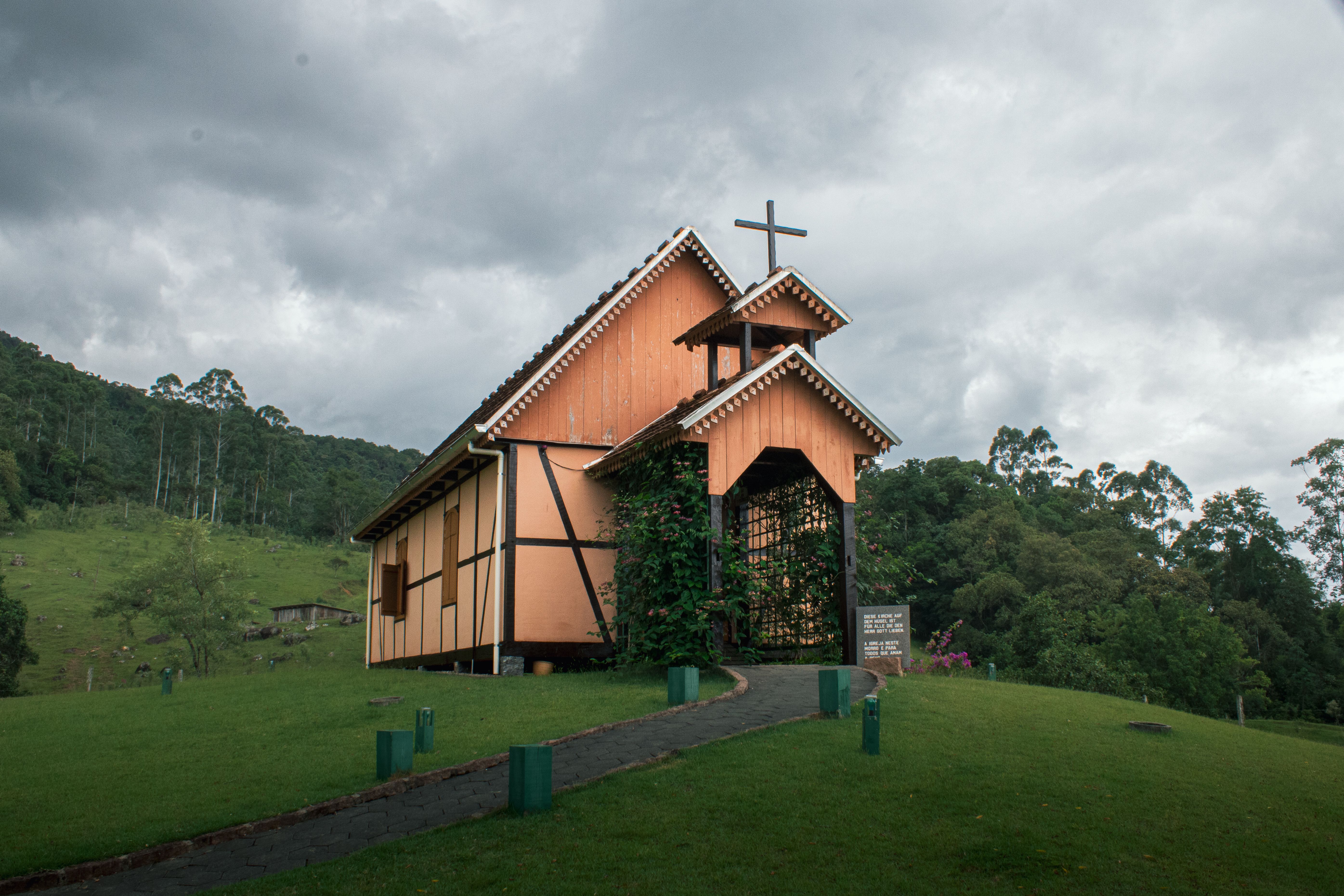 Wooden Ukrainian Orthodox church with onion domes in rural interior Santa Catarina
