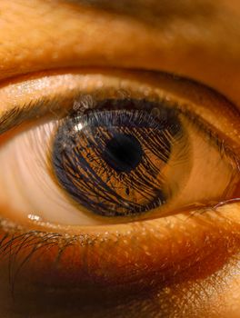 Macro photograph showcasing the intricate details of a human eye's iris in warm tones.