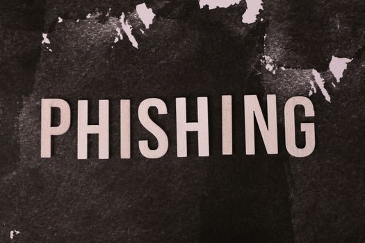 Abstract representation of phishing with the text on a textured dark surface.