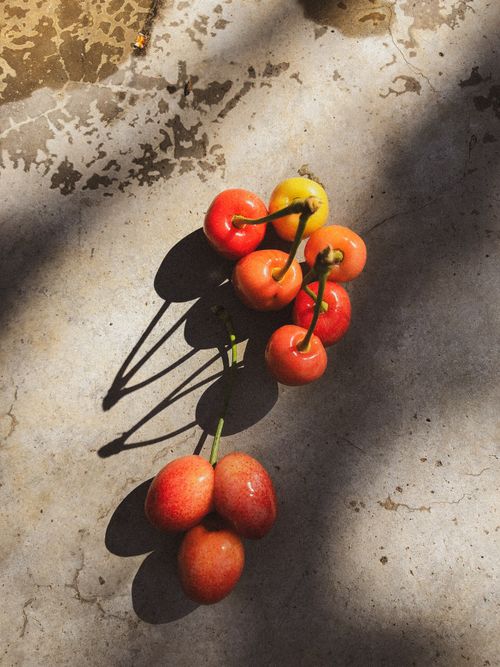 Free Bright cherries casting shadows on a textured ground, evoking a rustic summer vibe. Stock Photo