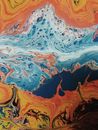 Colorful abstract background representing mix of oil paints creating wavy water flow near intense fire effect with small stains