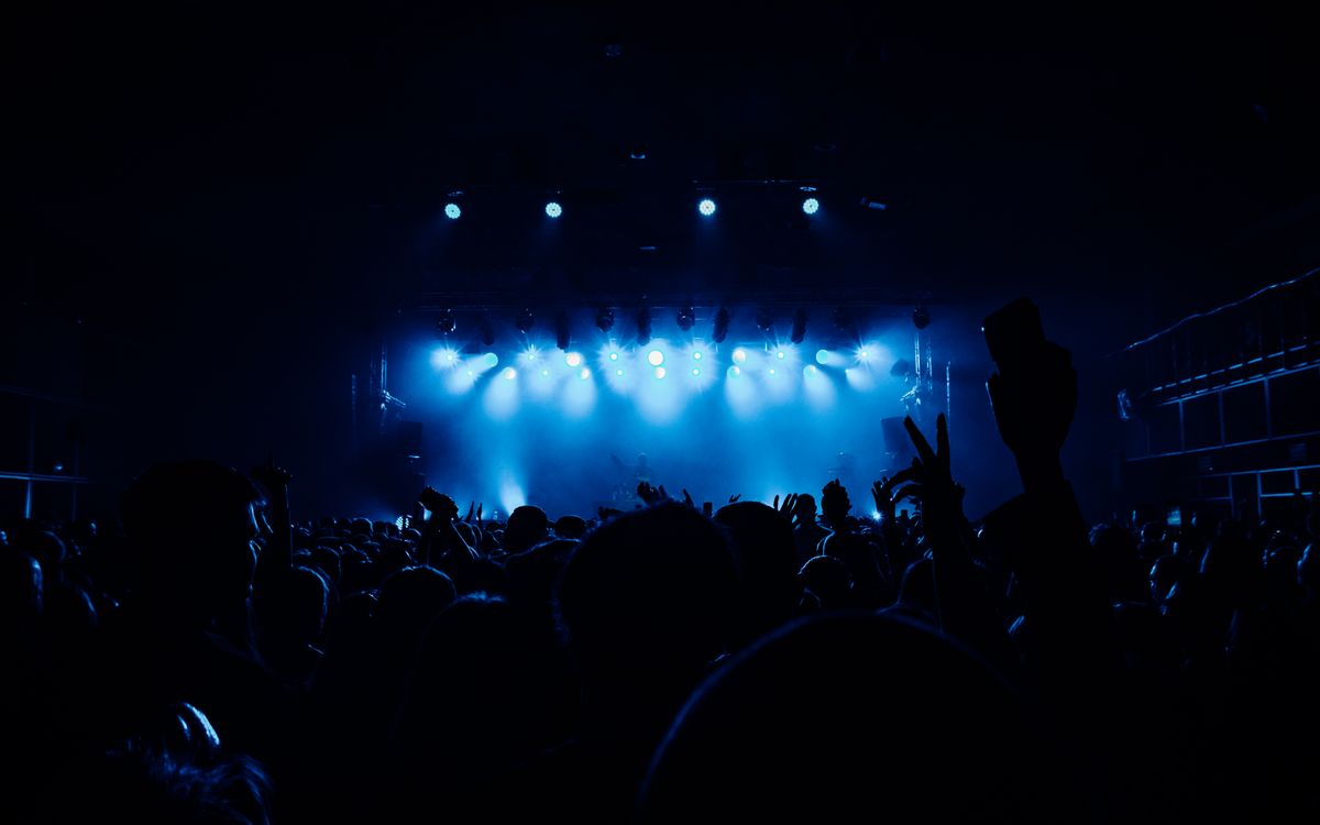 A vibrant concert scene with a lively crowd and dramatic blue stage lighting.