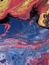 Top view of multicolored abstract background representing river flow and intense fire flame near fantasy swirls and small stains