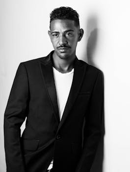 黑白肖像中，一个穿着西装、表情严肃的男人靠在墙上