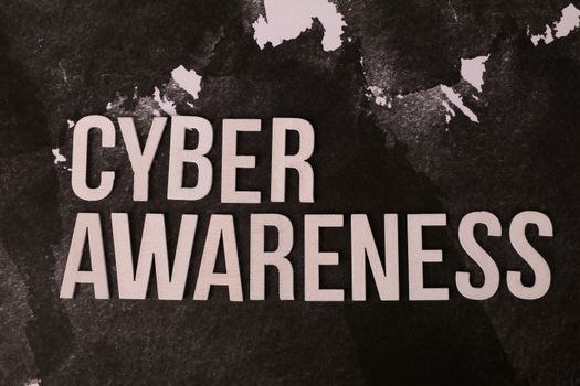 Stylized text 'Cyber Awareness' over abstract dark background, highlighting online safety theme.