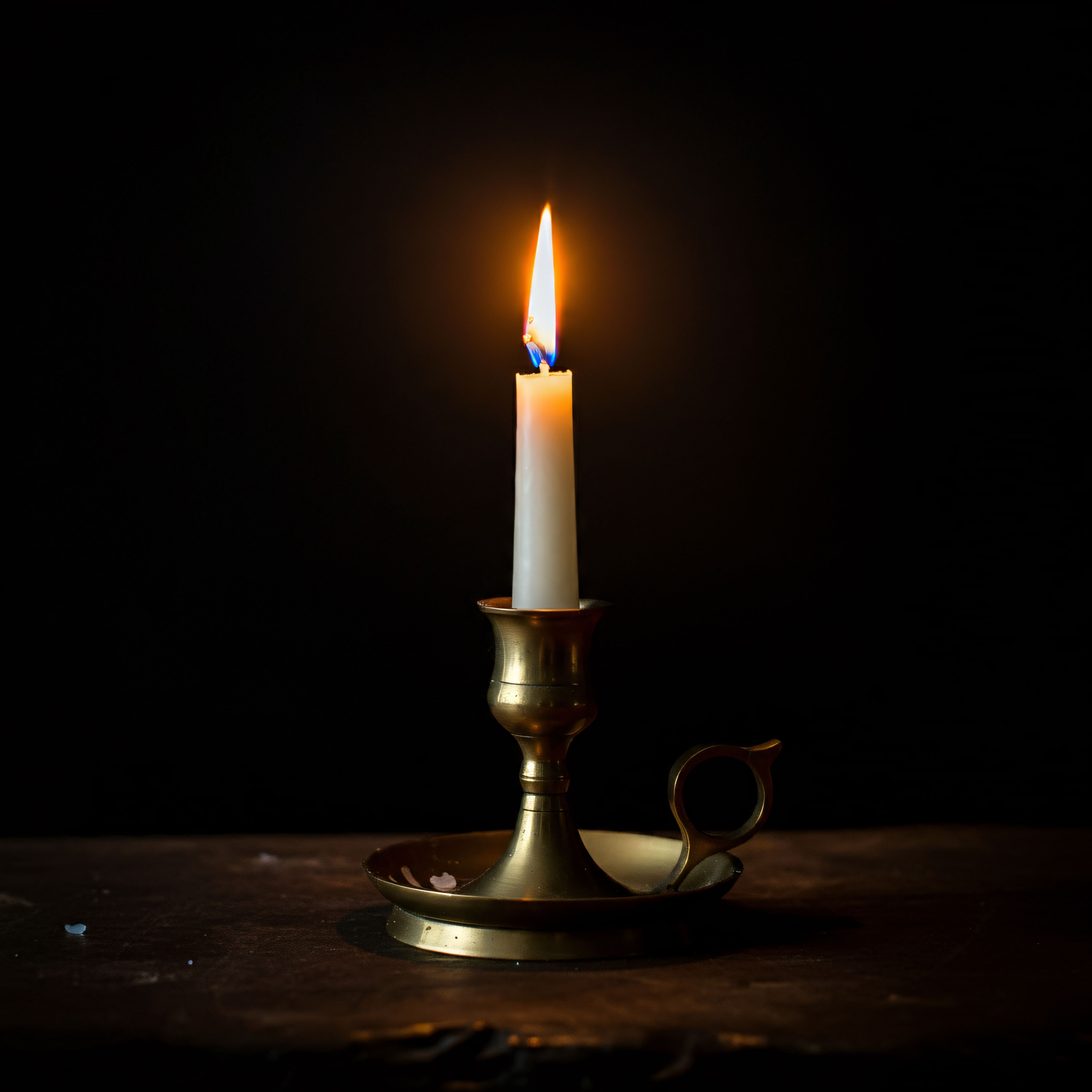 Lit candle in a classic brass holder against a dark background. Photo by Charles Waweru on Pexels